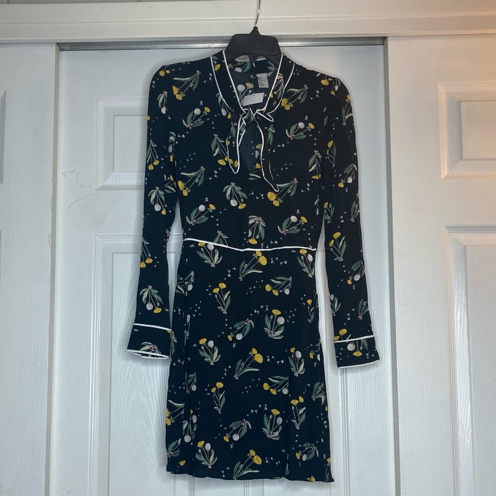 H&M Black Floral Long-Sleeve Tie-Neck Dress with Yellow Floral Print